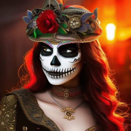 Mexican Skull Catrina with Neon Lights and Floral Accents