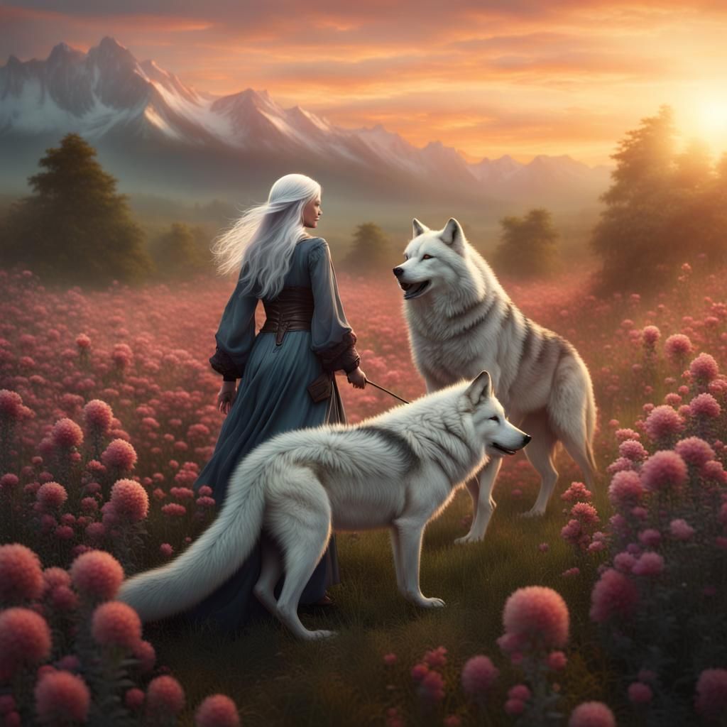 Woman and Wolf at Sunrise: Digital Matte Painting