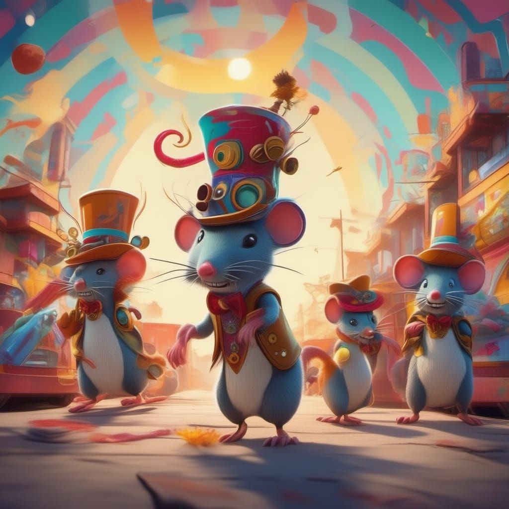 Cartoon Rats Parade in Junkyard with Vintage Car Part Hats