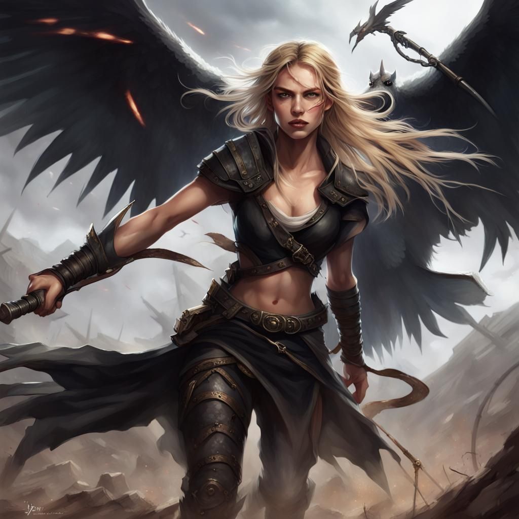 Fantasy Heroine Battles Winged Beast