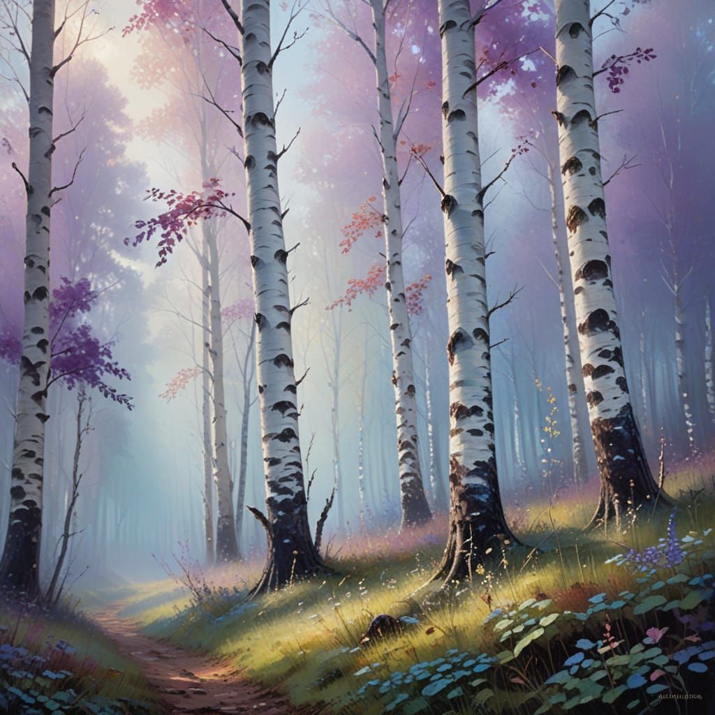 Birch Trees in Misty Lunar Impressionism