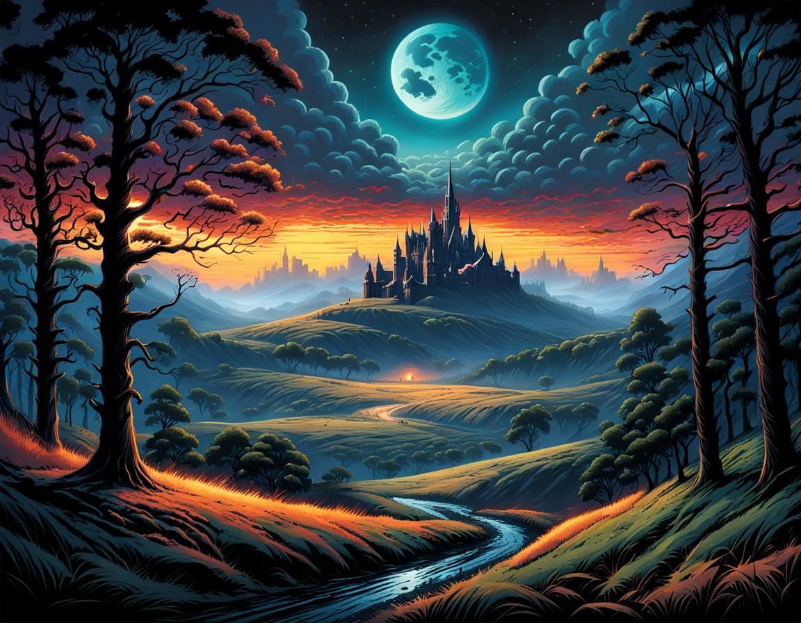 Fantasy Landscape at Nightfall, Illustrative Style