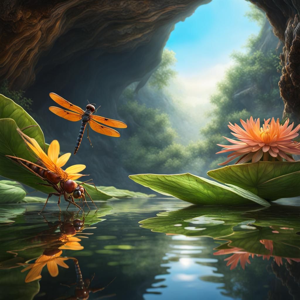 Ant's-Eye View of Dragonfly in Photorealistic Digital Art