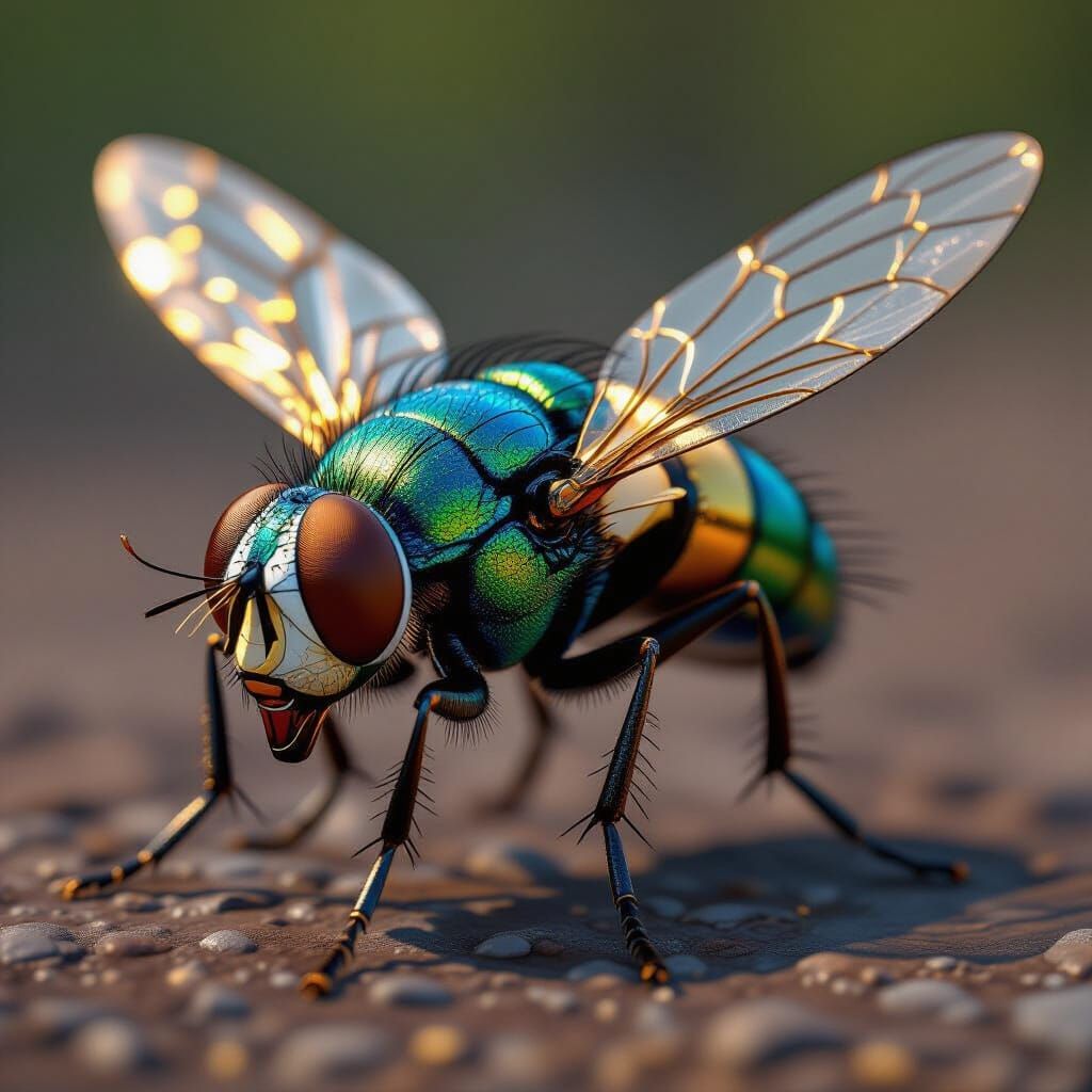 Realistic CGI Fly Close-Up with Gold and Diamond Wings