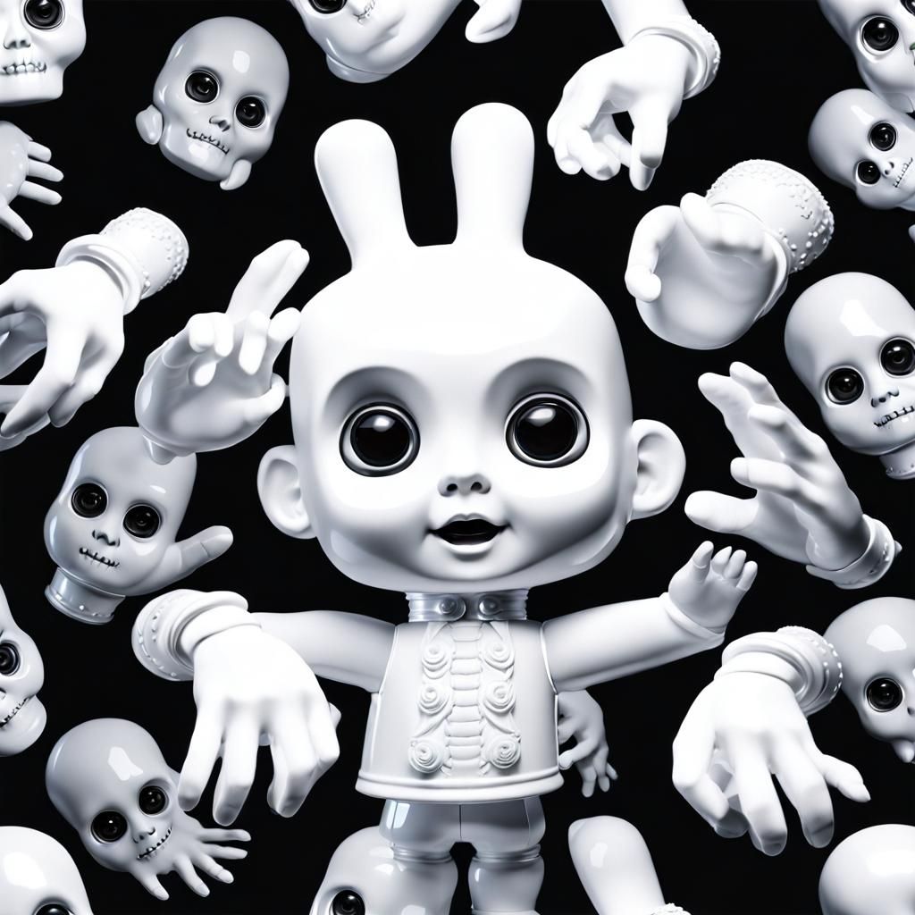 Giant Hands Above White Dolls in 3D