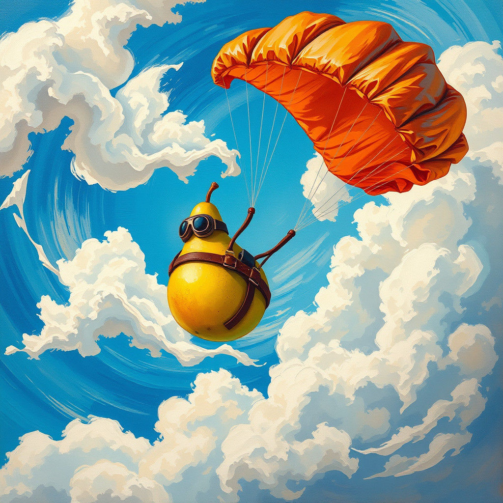 Pear Skydiving with Parachute as Impasto Painting