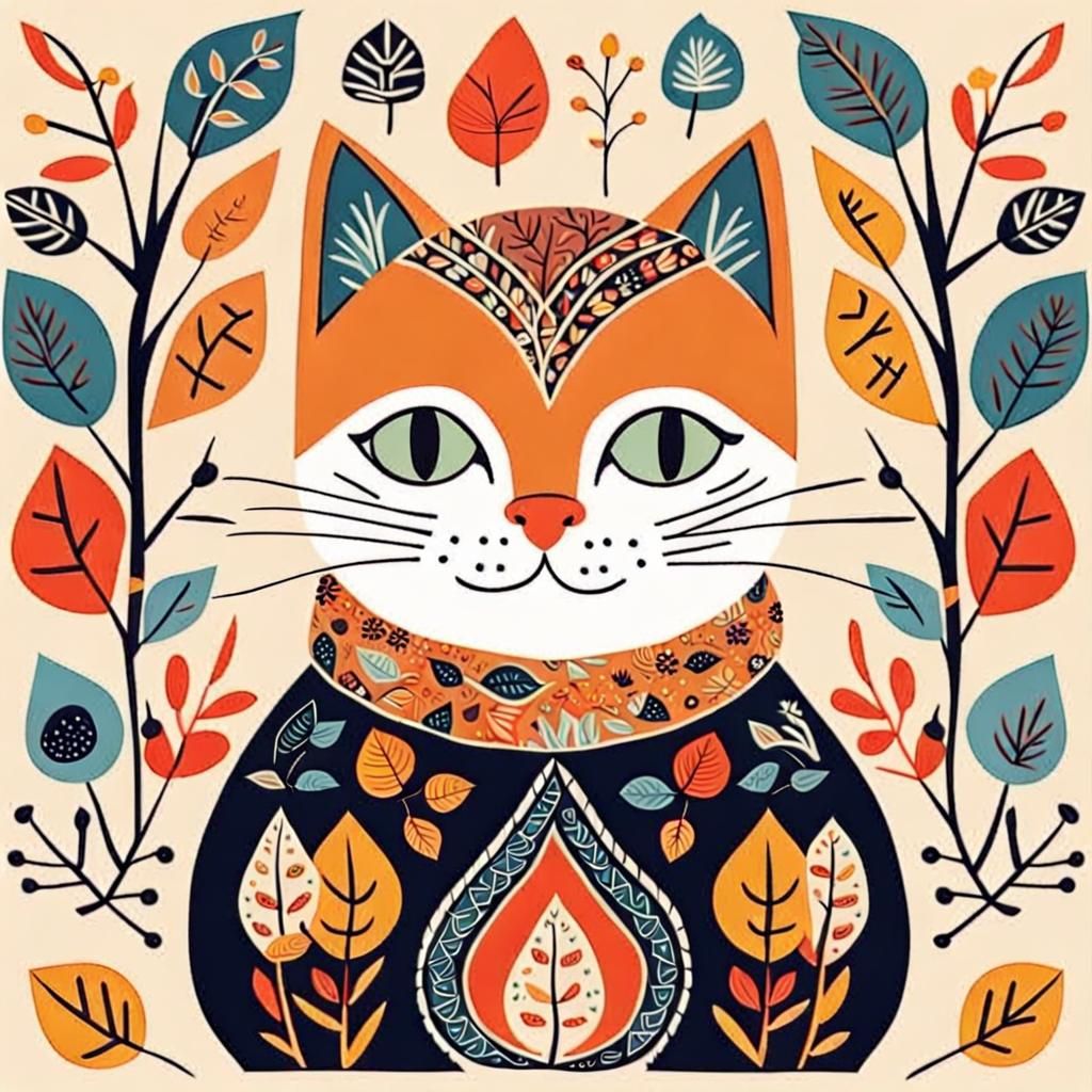 Whimsical Scandinavian Cat Illustration in Headscarf