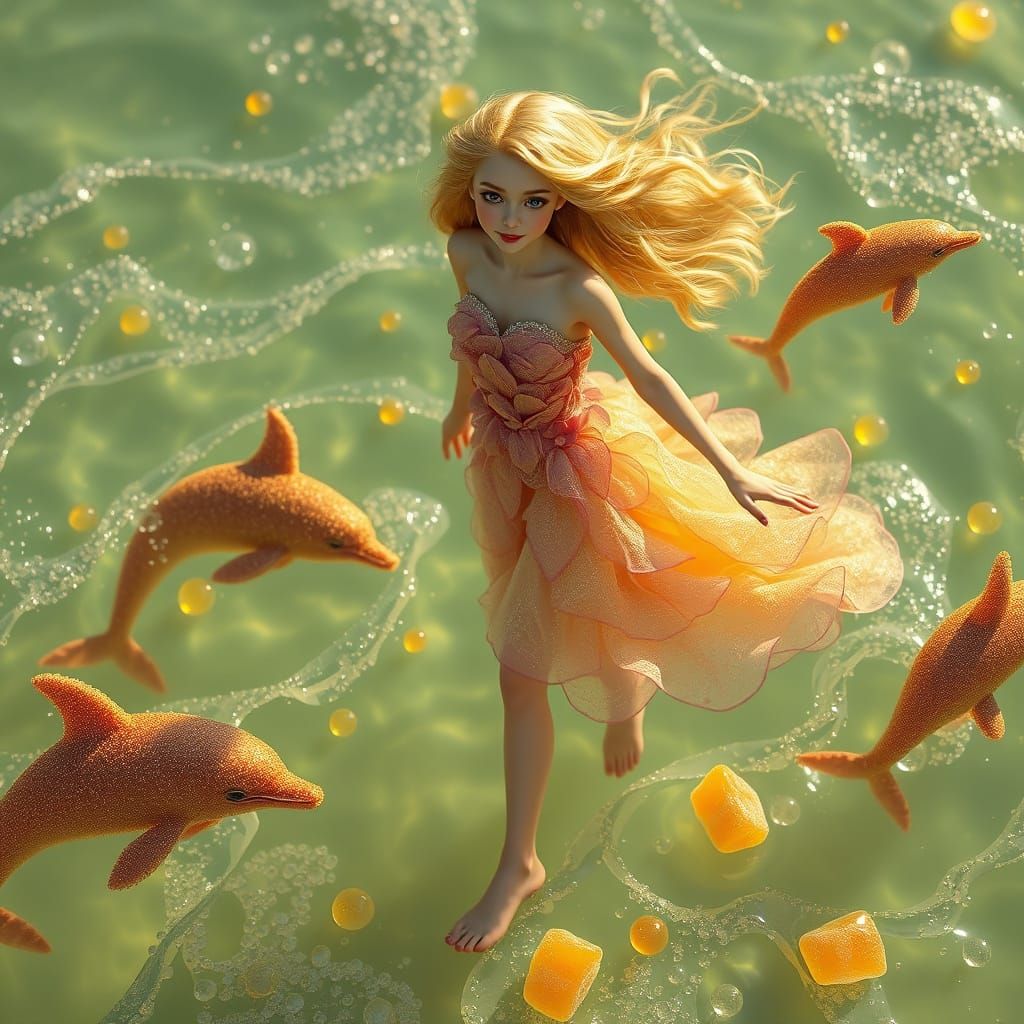 Woman Glides Over Soda Sea with Candy Dolphins