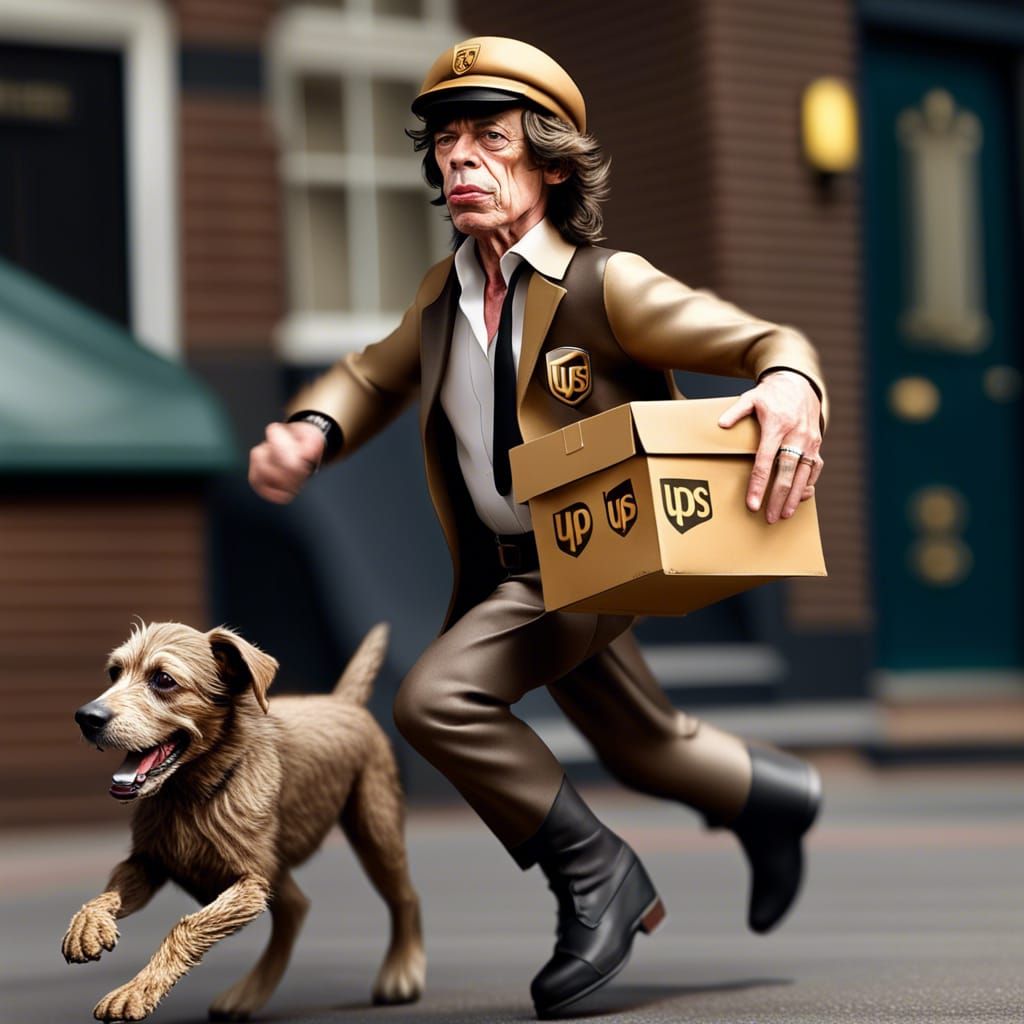 Mick Jagger as UPS Driver Escaping Dog