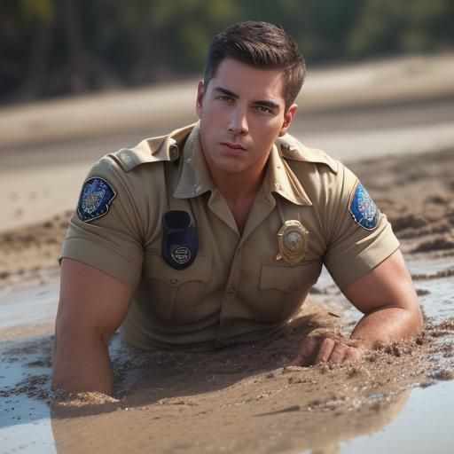 Male Police Officer Sinking in Quicksand: Professional Photo