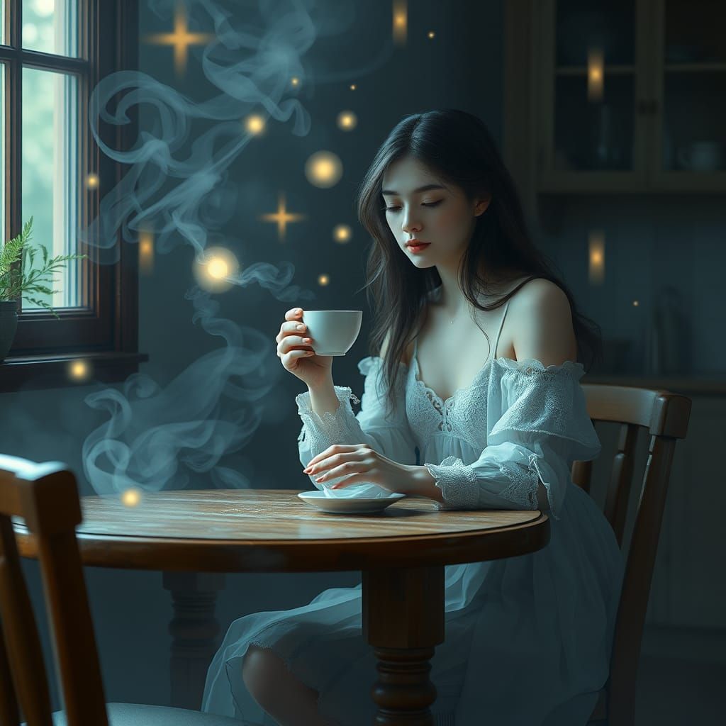 Ethereal Woman Sipping Coffee in Dreamlike Digital Art