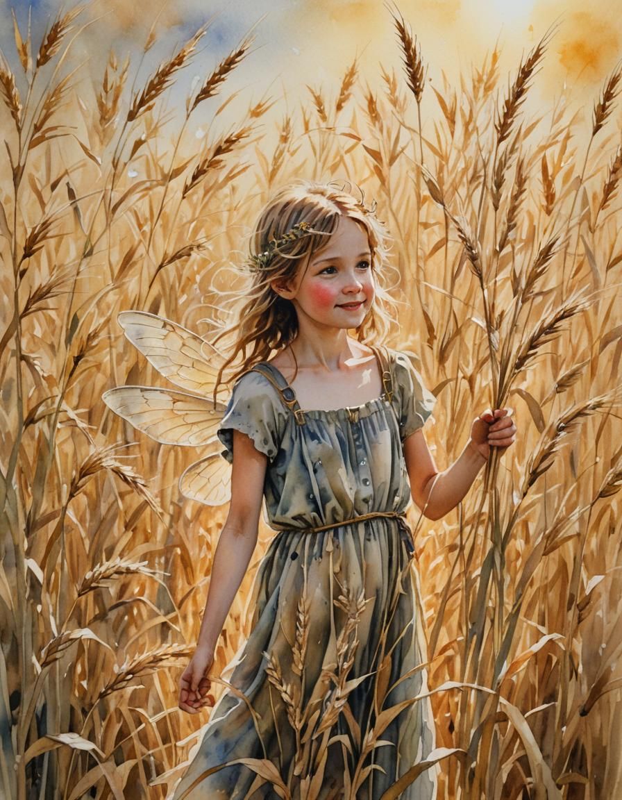 Oat Fairy in Golden Field: Impressionist Watercolour
