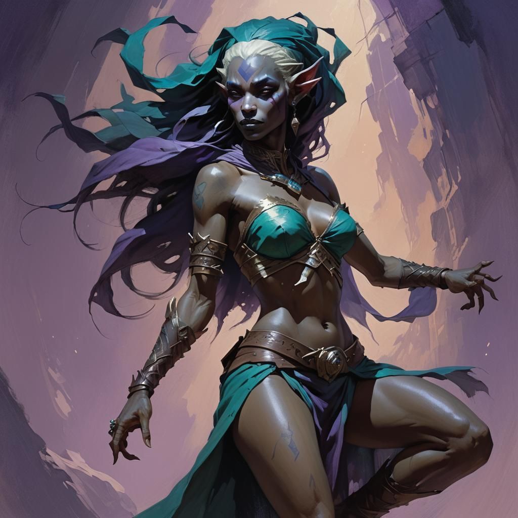 Dynamic fantasy concept art. Low-angle medium shot. Dark Elf...