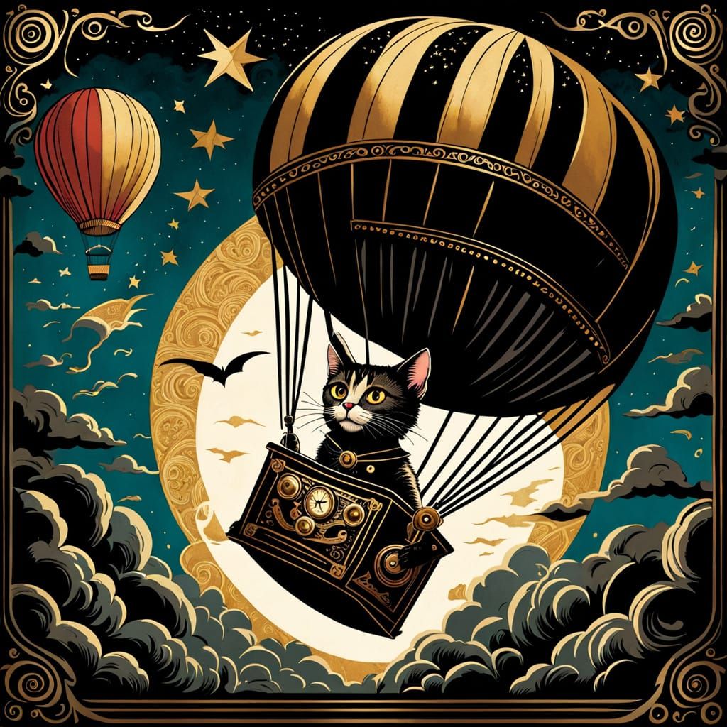 Steampunk Cat Pilots Hot Air Balloon in Storm