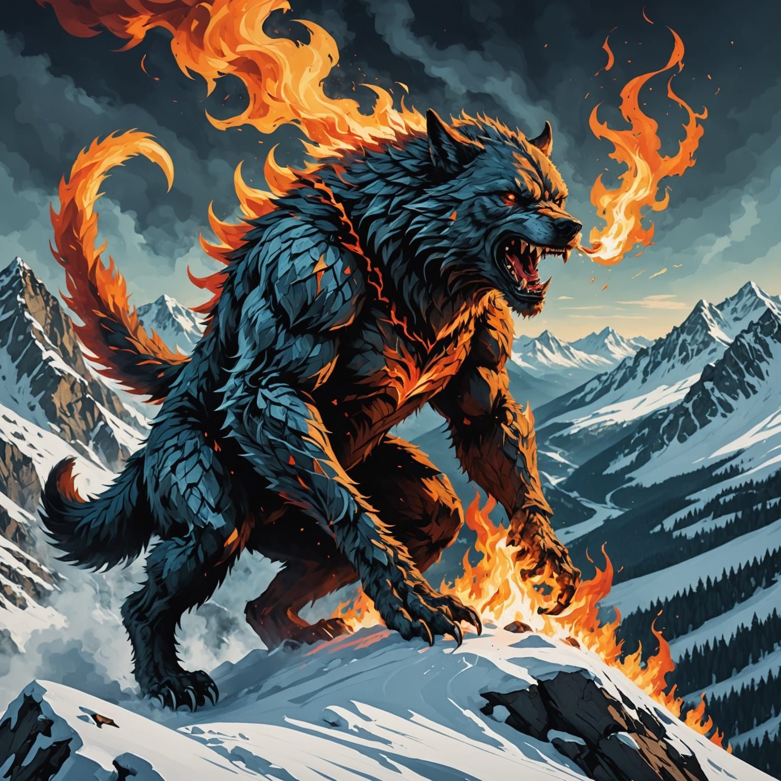 Werewolf breathing fire on top of a snowy mountain