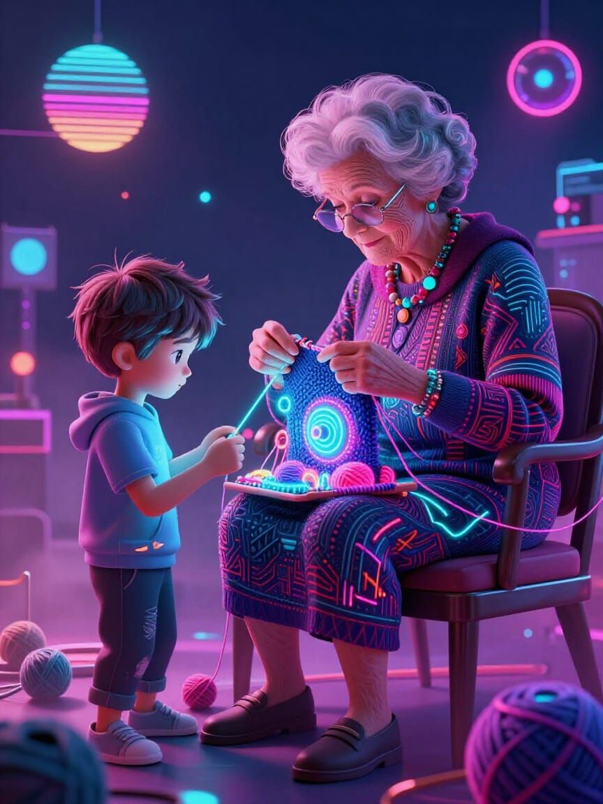 Surreal Grandma Knits Future in Neon Synthwave Style