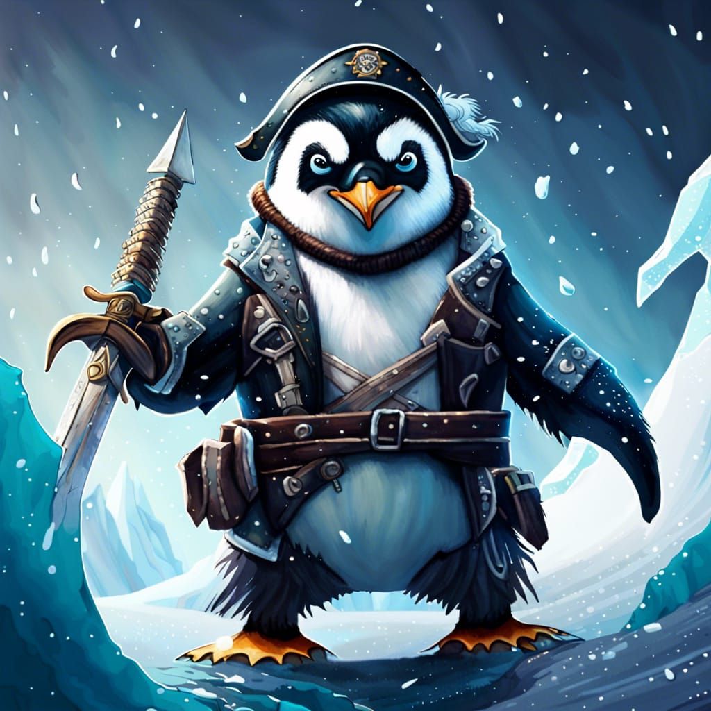 Penguin Pirates Battle Polar Bear on Iceberg