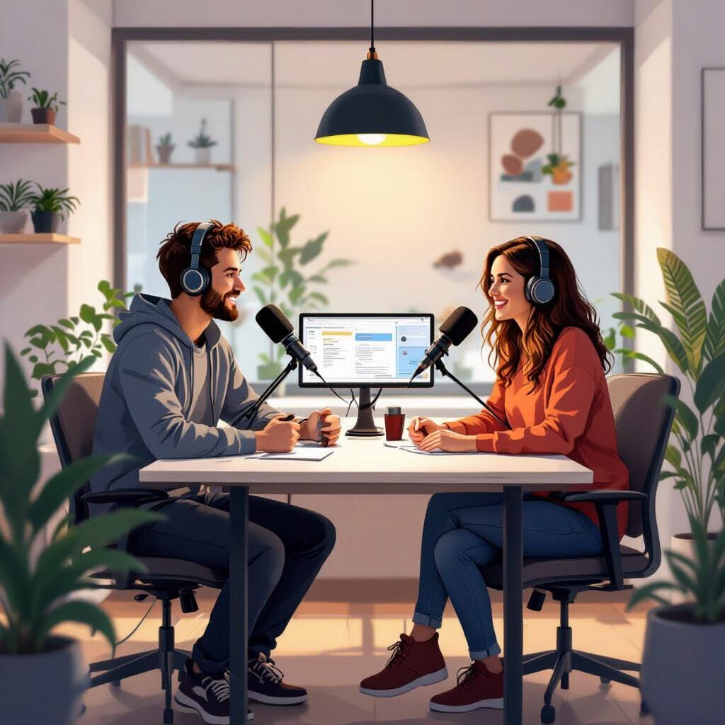 Podcast Studio with Man and Woman in Futuristic Style