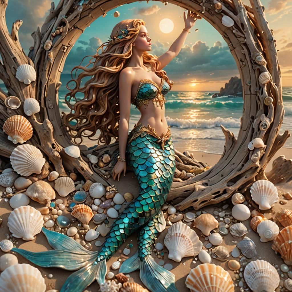 Atlantic Mermaid on Beach in High-Fantasy Style