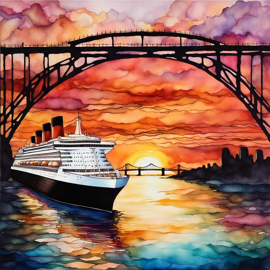Alcohol Ink Ocean Liner at Sunset