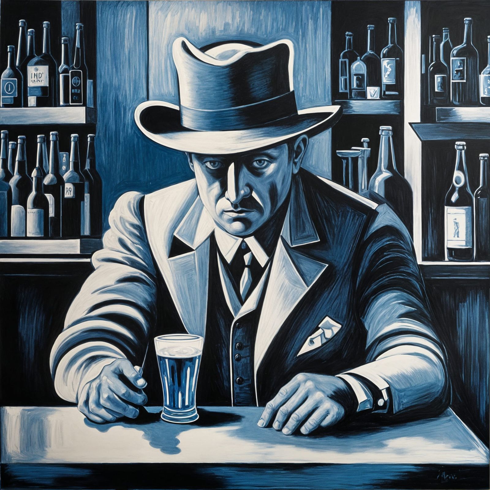 Monochrome Portrait of Man in Bar, Picasso Style