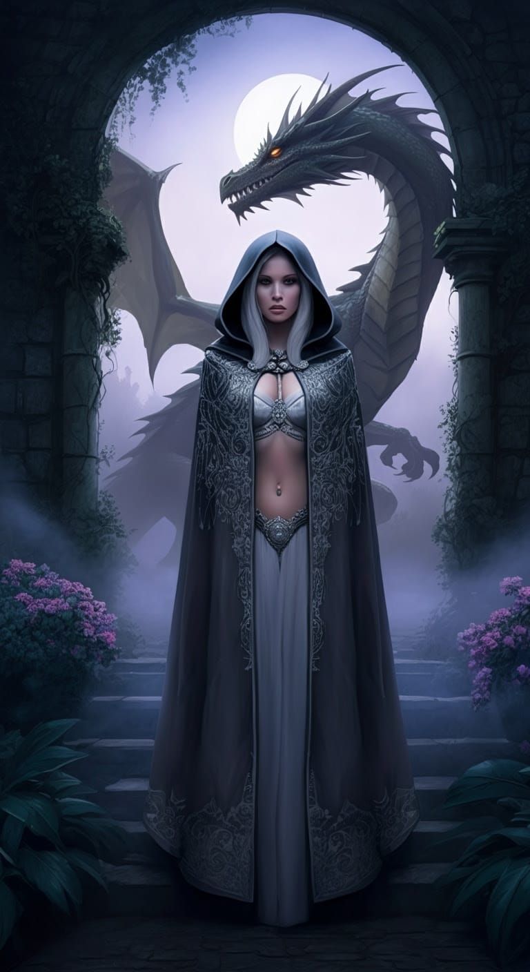 Confident Warrior Maiden Stands Amidst a Majestic Dragon's S...