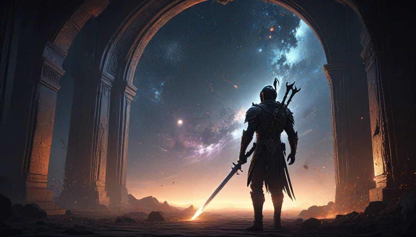 Celestial Warrior Guards Cosmic Gateway in Epic Fantasy Art