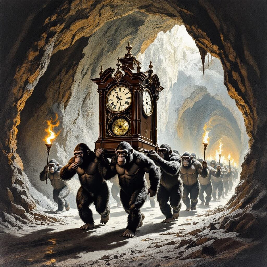 Apes Carry Grandfather Clock in Dramatic Baroque Cave Drawin...