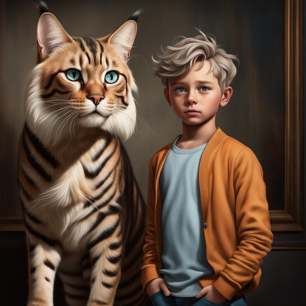 Boy and Giant Bengal Cat Portrait