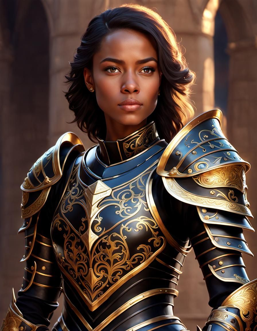 Female Knight in Intricate Black and Gold Armor