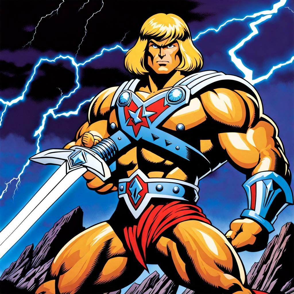 He-Man Sword Raised in Lightning Storm