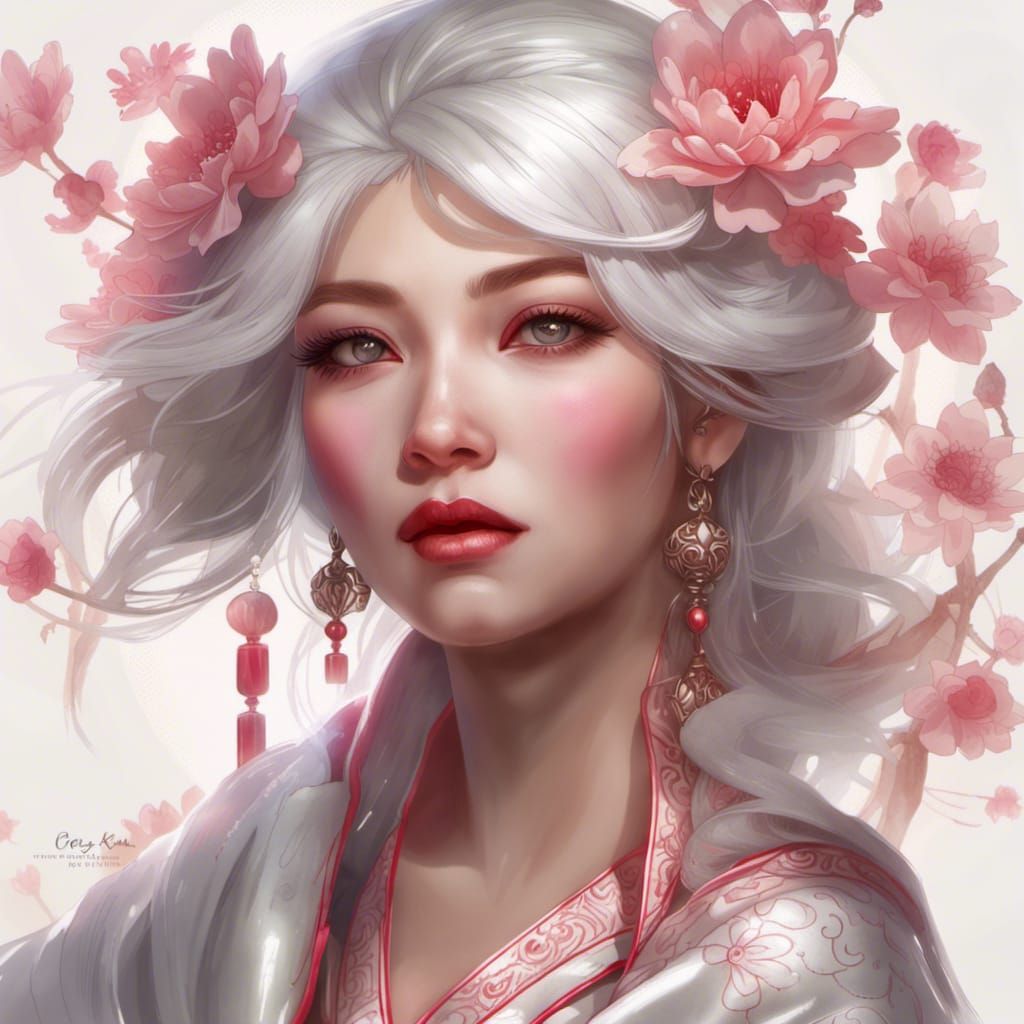 Chinese Woman Portrait with Flowers, Detailed Digital Art