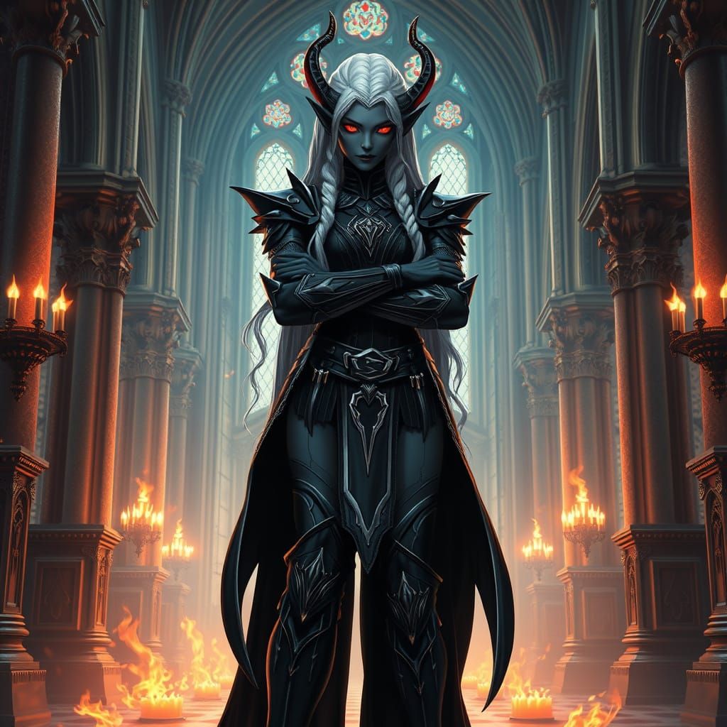 Dark Elf Queen in Gothic Cathedral, Fantasy Anime