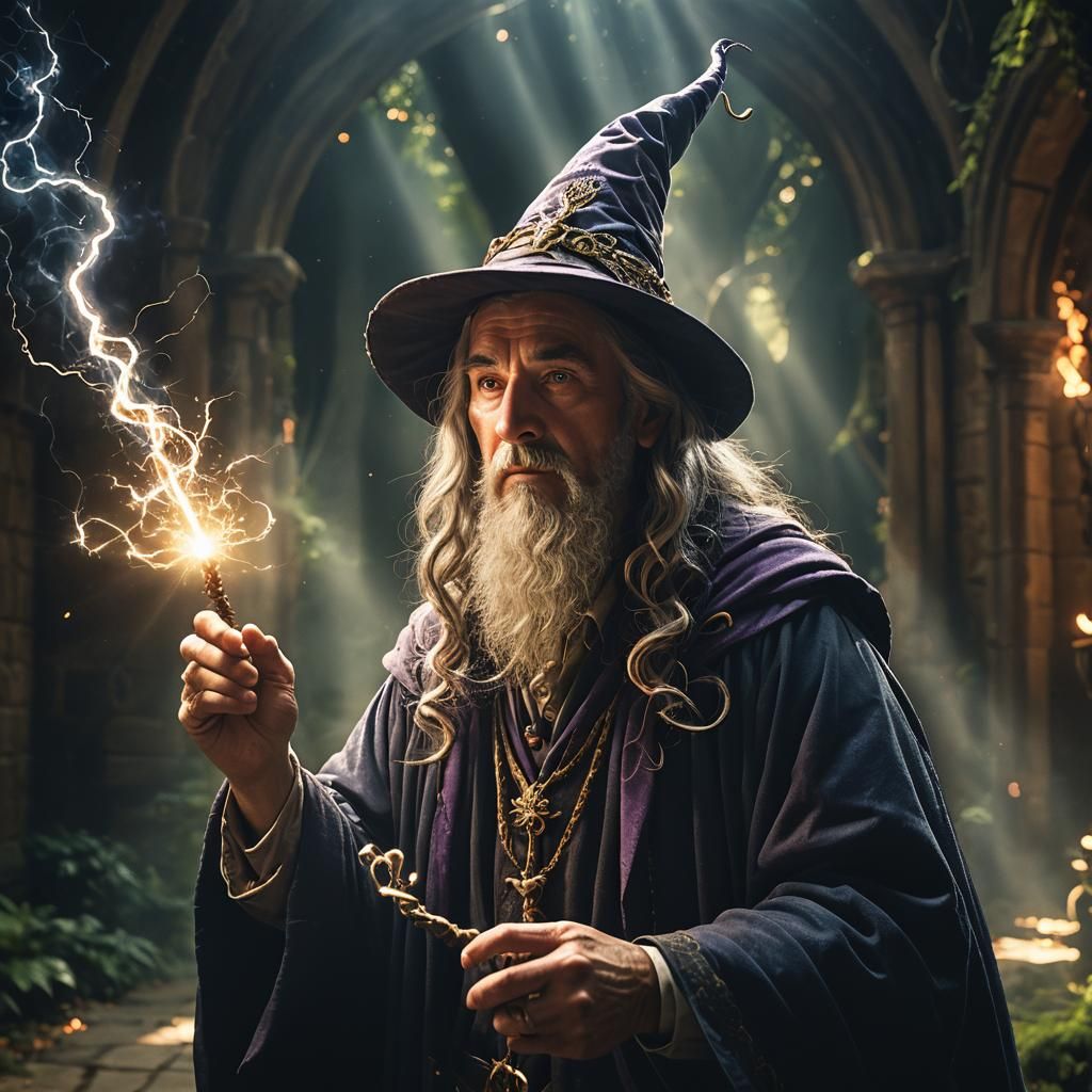 Dazed Figure Connected to Wizard's Wand by Magic