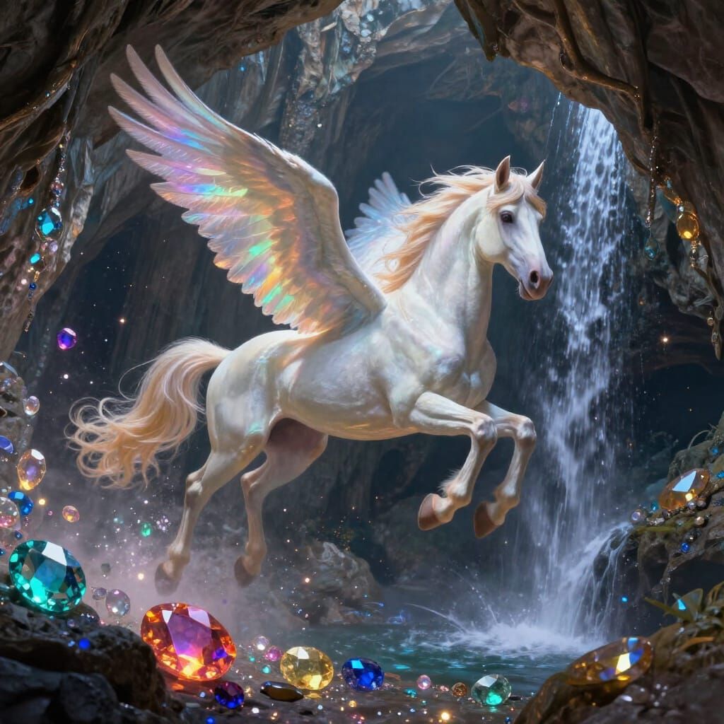 Pegasus Soars Through Gemstone Cavern with Waterfall