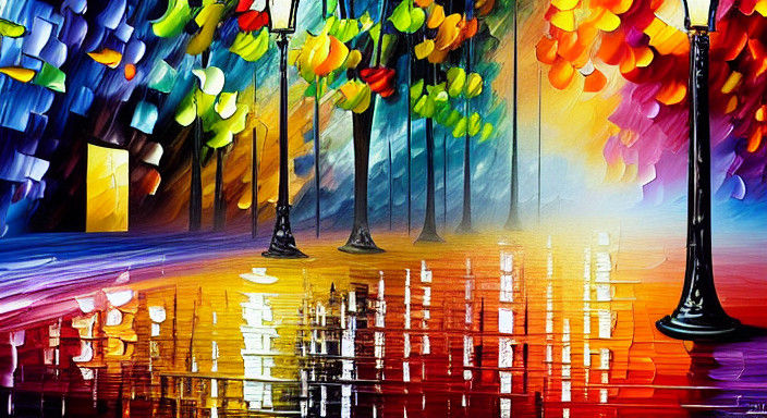 Vibrant Autumn Night Alley Scene in Neo-Impressionist Style