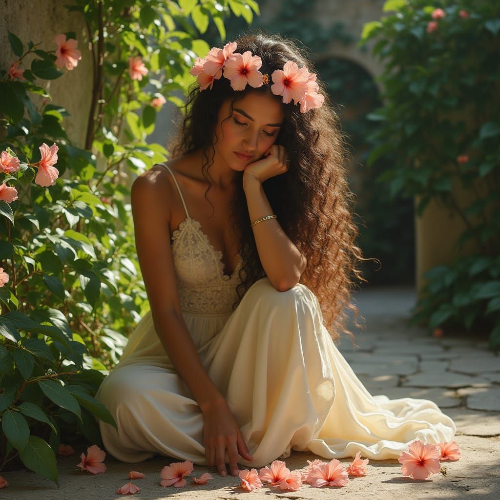 Ethereal Mediterranean Goddess Among Hibiscus