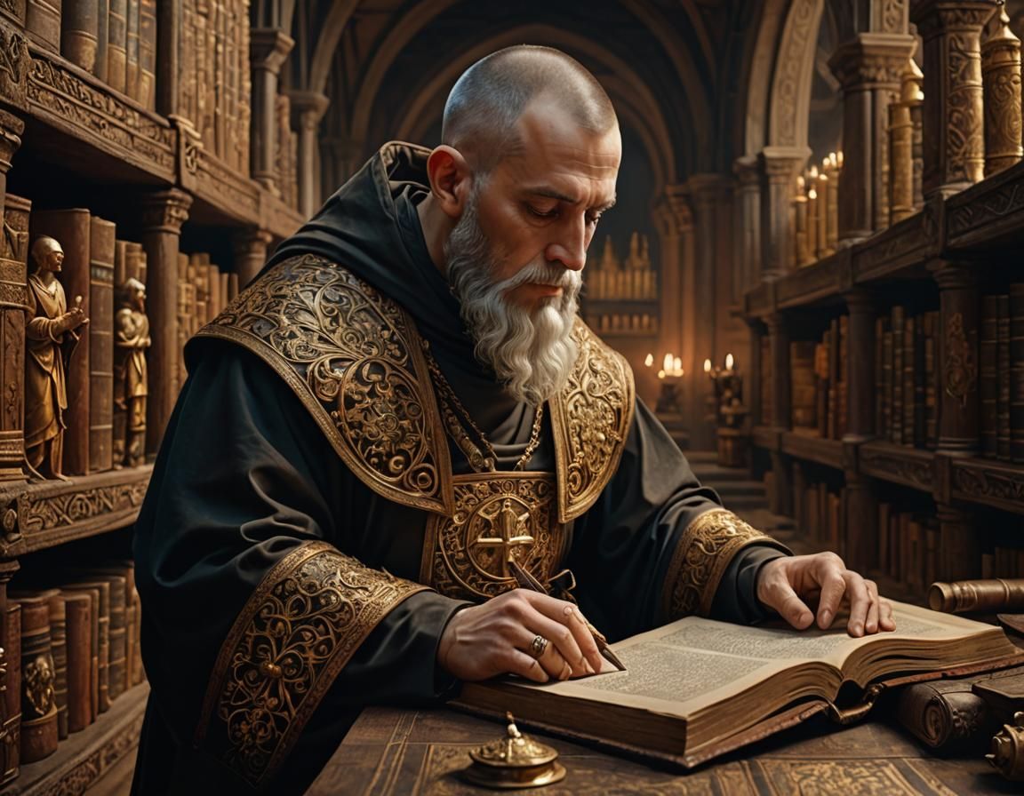 Medieval Monk Retrieving Ancient Book