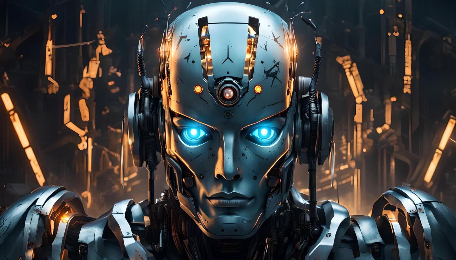 Humanoid Robot Face with Glowing Runes