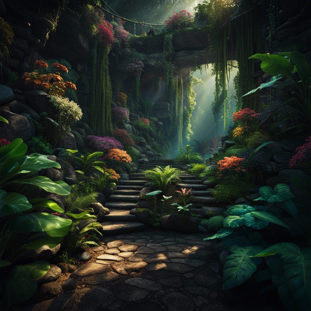 Lush Greenhouse Paradise with Waterfall