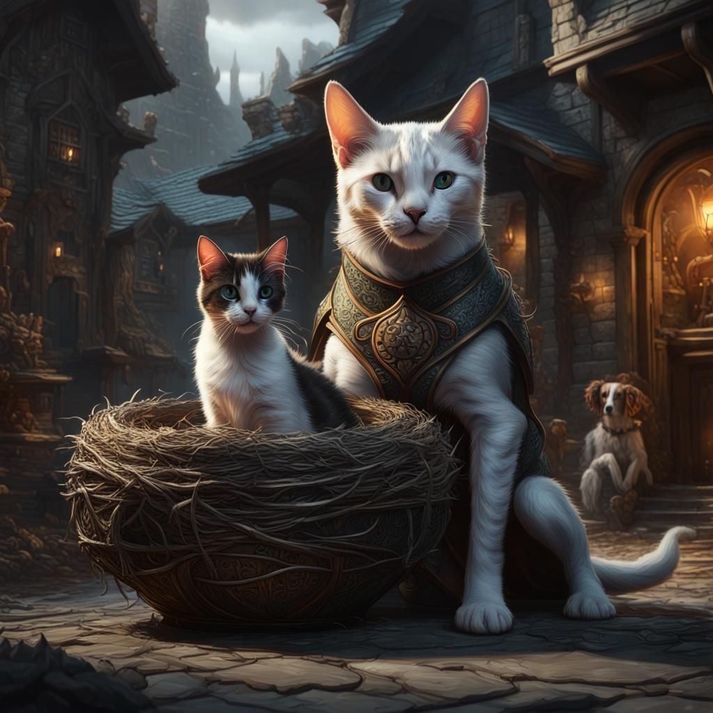 Person with Cat, Dog, Dragon in Dark Fantasy Art