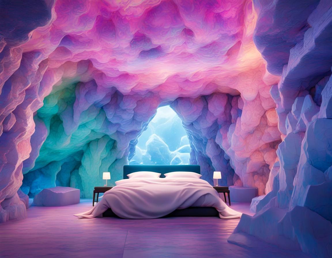 Hyperrealistic Crystal Cave Bedroom in Neon Colors
