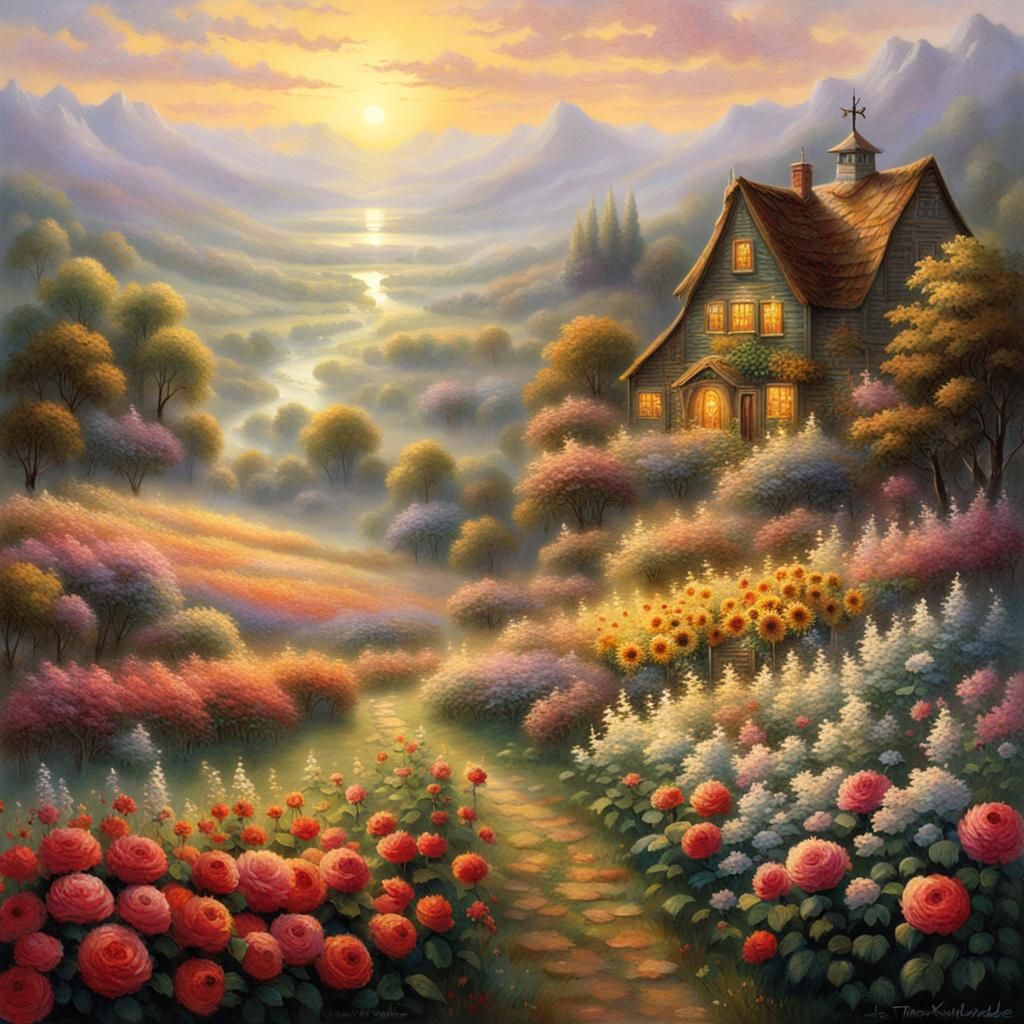 Valley of Roses: Scarecrow in a Thomas Kinkade Landscape