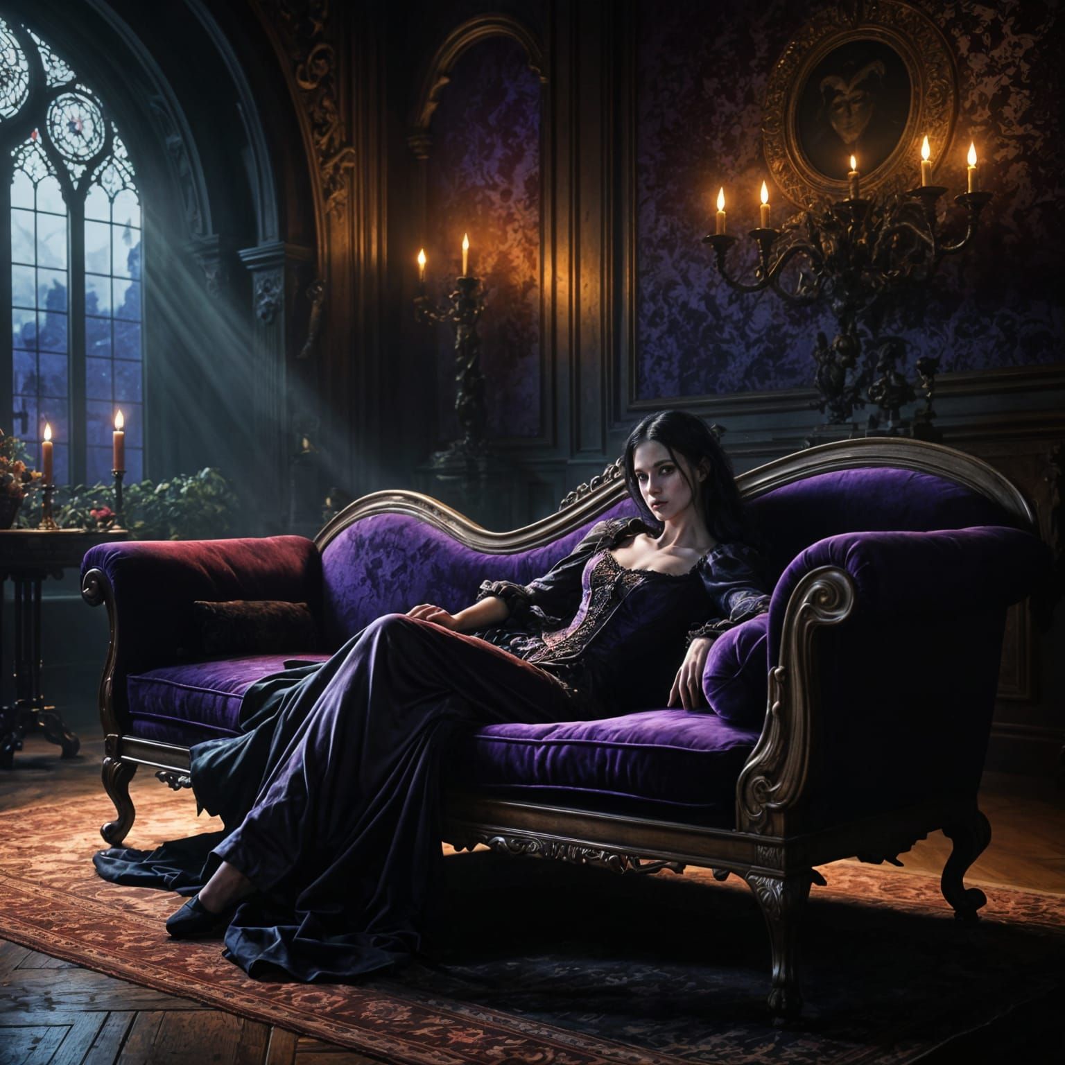 Ethereal Vampire Reclines in Victorian Parlor, Velvet Couch,...
