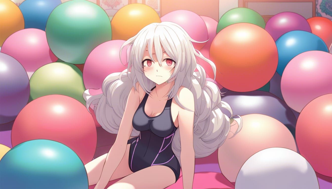Anime Girl in Swimsuit on Yoga Balls
