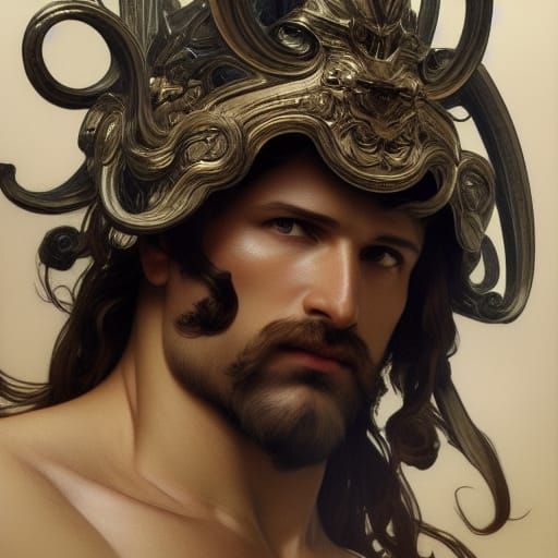 Muscular Man Sculpture with Lion Helmet in Art Nouveau Style