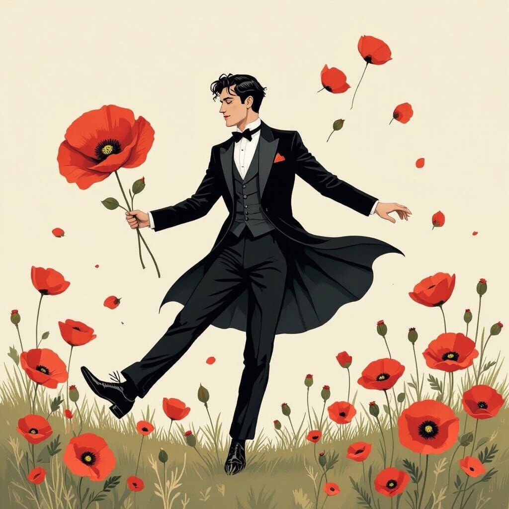 Dreamy Dancer with Poppy Flower, Delicate Illustration