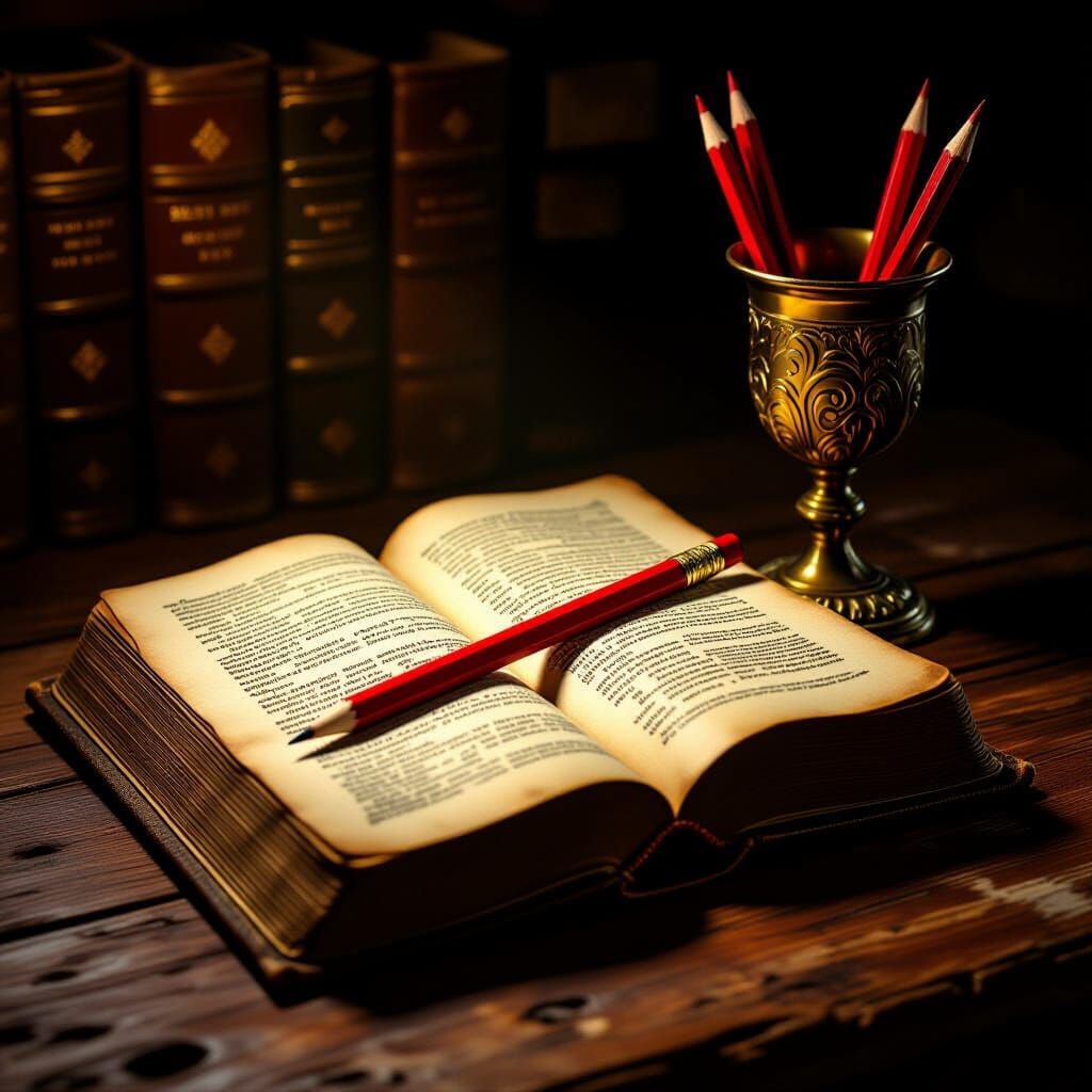 Red Pencil on Antique Book with Glowing Letters