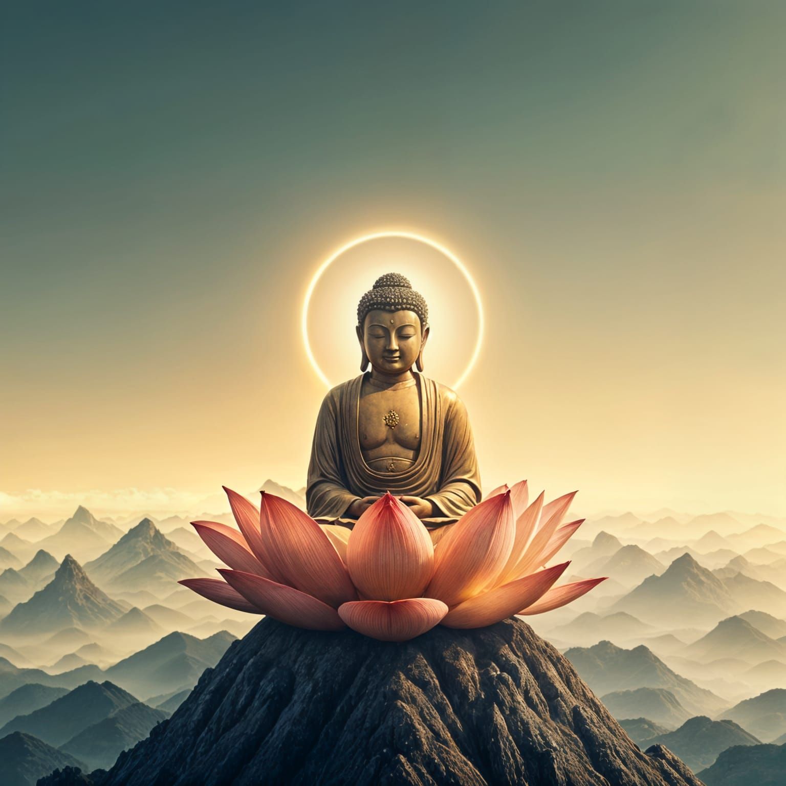 Buddha in Golden Lotus on Majestic Mountain