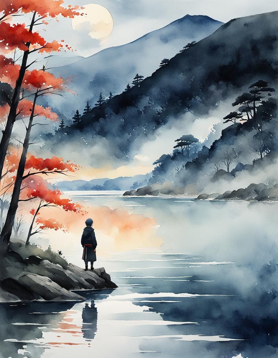 Nagato in Watercolor Landscape, Anime Art Style